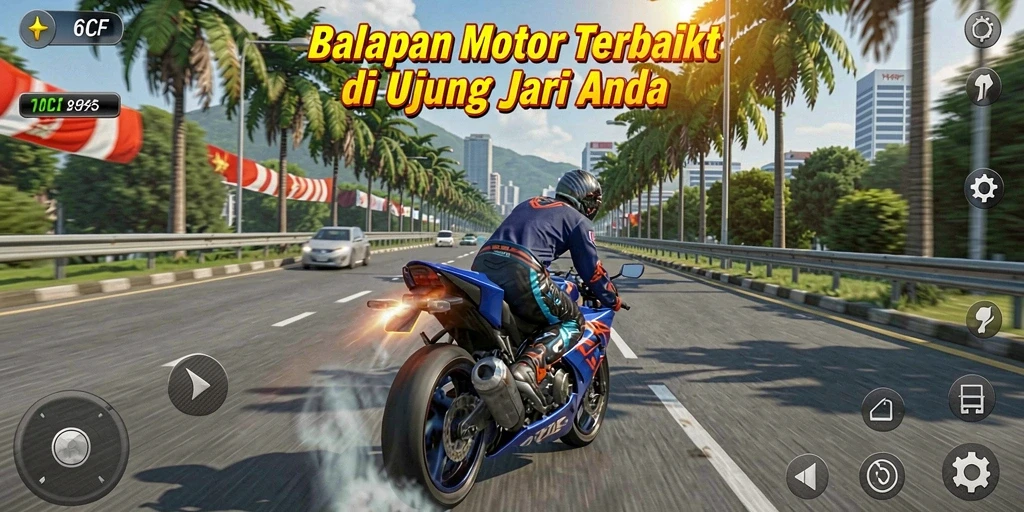 Screenshot gameplay 6CF menampilkan aksi balapan motor yang mendebarkan.