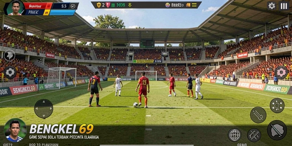Gameplay mendebarkan pada BENGKEL69 dengan aksi sepak bola yang seru.