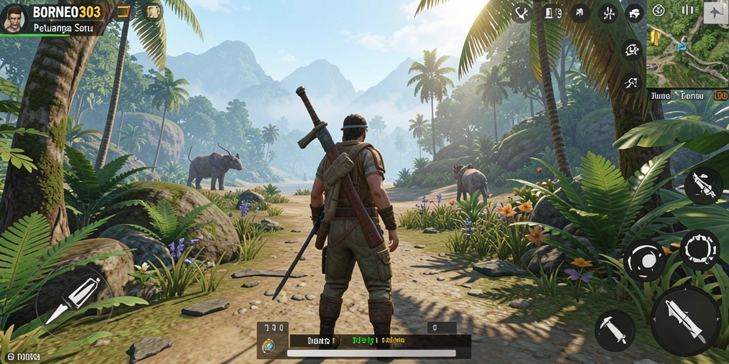 Tampilan screenshot permainan BORNEO303 yang menunjukkan eksplorasi dunia terbuka.