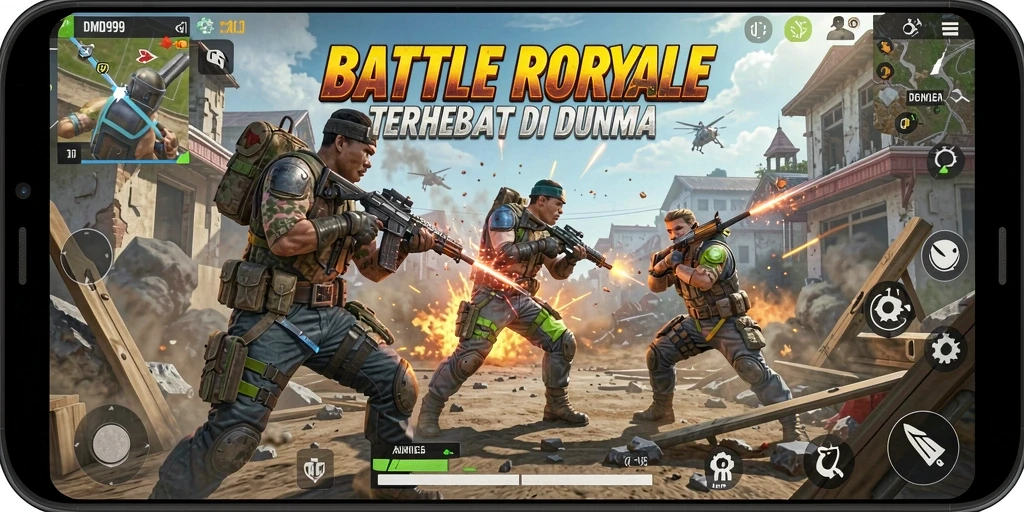 Screenshot DMD999 menampilkan aksi seru dalam pertempuran Battle Royale.