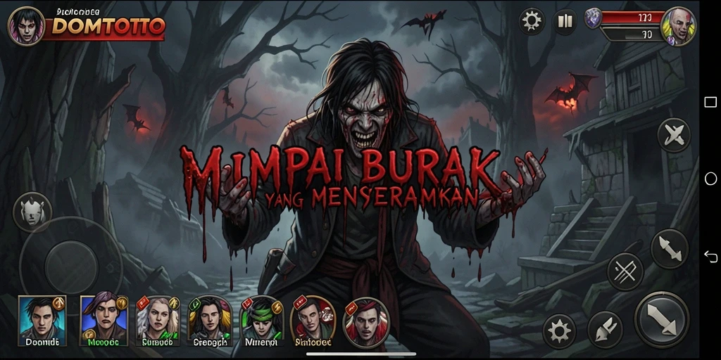 Screenshot gameplay DOMTOTO menunjukkan suasana mencekam dengan hantu menyeramkan.