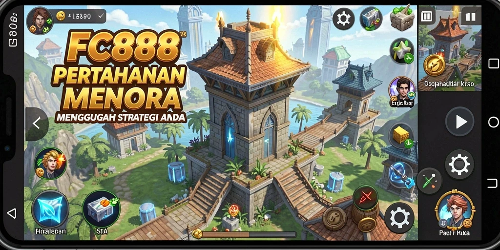 Screenshot utama FC888 menampilkan menara yang siap melawan serangan musuh.