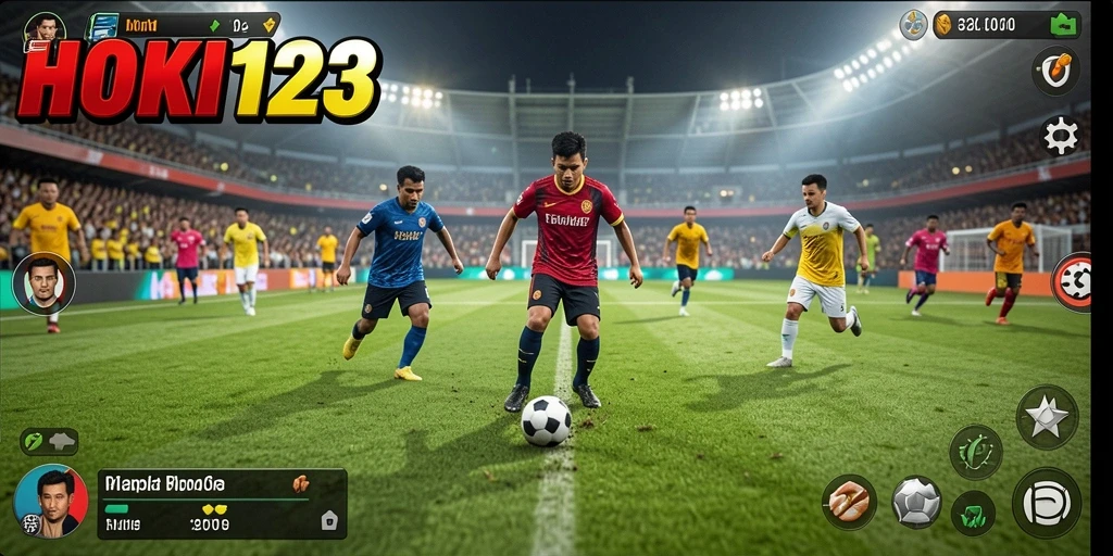 Screenshot HOKI123 menampilkan pertarungan seru di lapangan sepak bola.