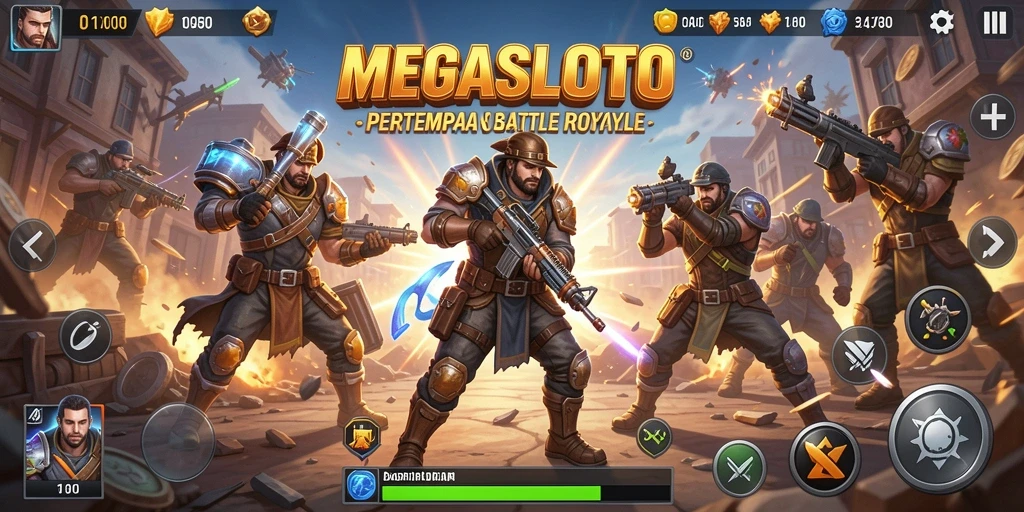 Gameplay seru di MEGASLOTO menunjukkan aksi Battle Royale yang mendebarkan.