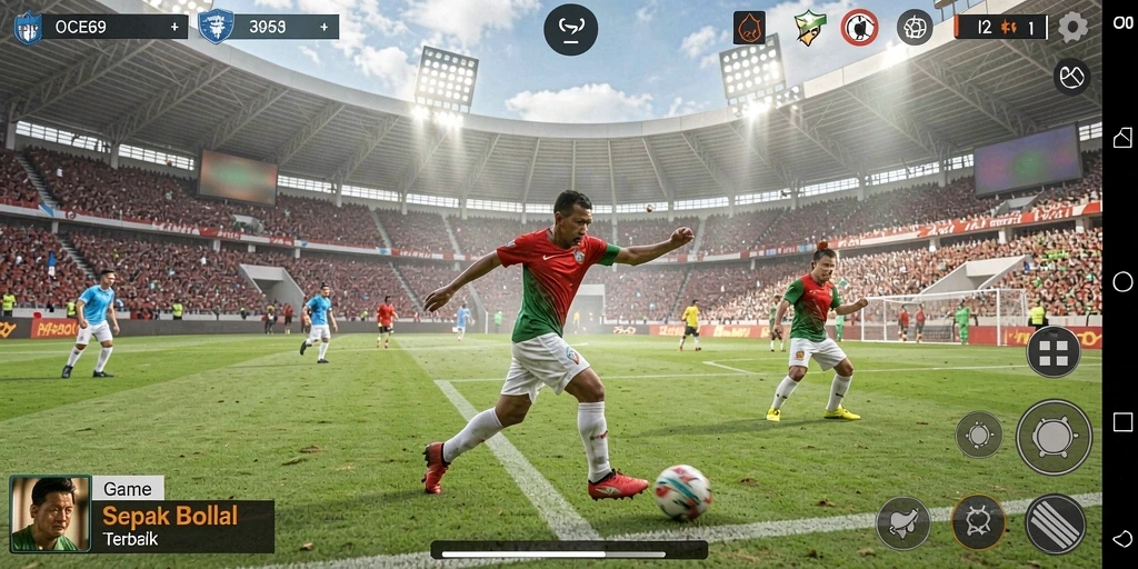 Screenshot gameplay OCE69 menampilkan pertandingan sepak bola yang mendebarkan.