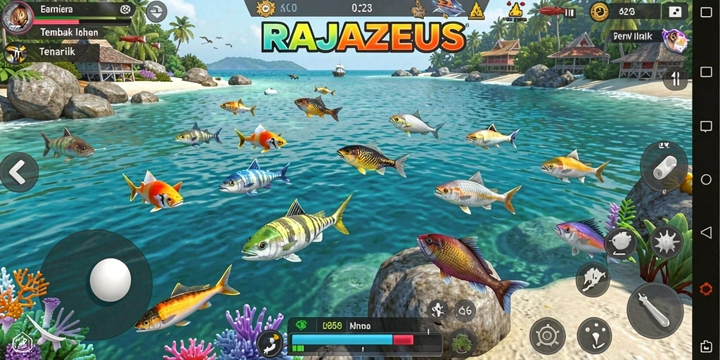 Tampilan gameplay seru RAJAZEUS dengan aksi menembak ikan.