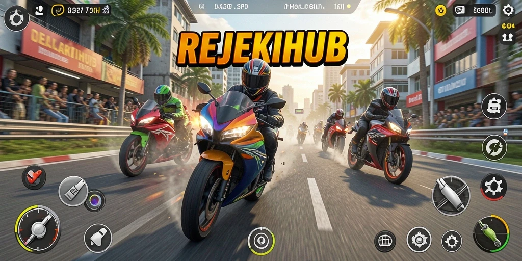 Tangkapan layar gameplay REJEKIHUB dengan balapan motor yang mendebarkan.
