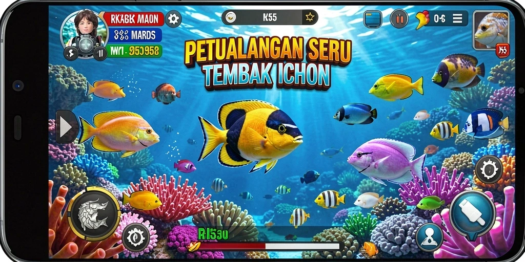 Tampilan ceria gameplay Tembak Ikan RK55 yang penuh warna.