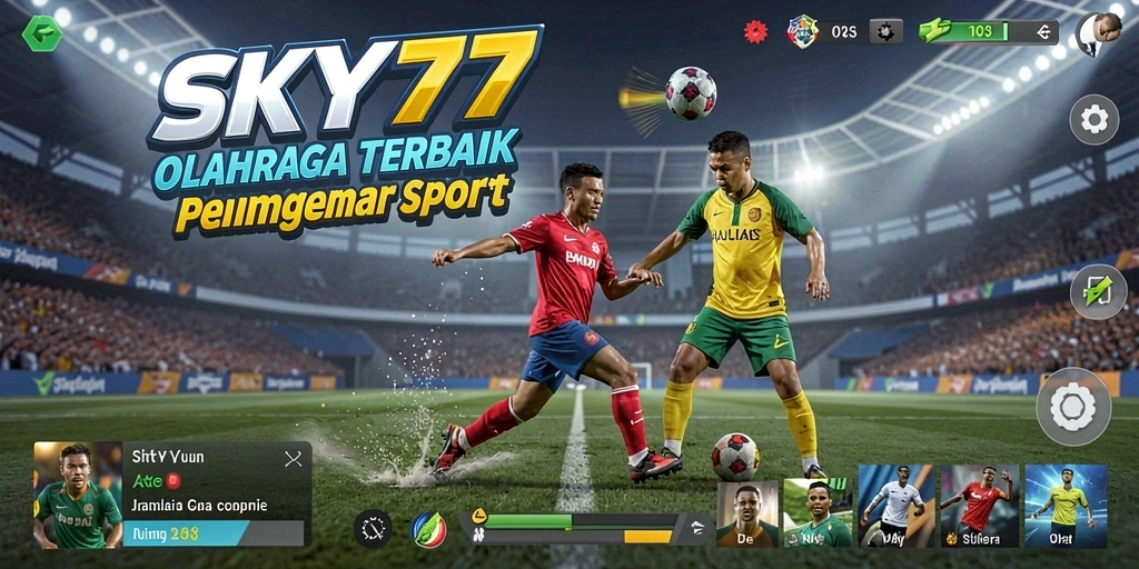 Screenshot menunjukkan aksi pertandingan sepak bola yang menegangkan dalam SKY77.