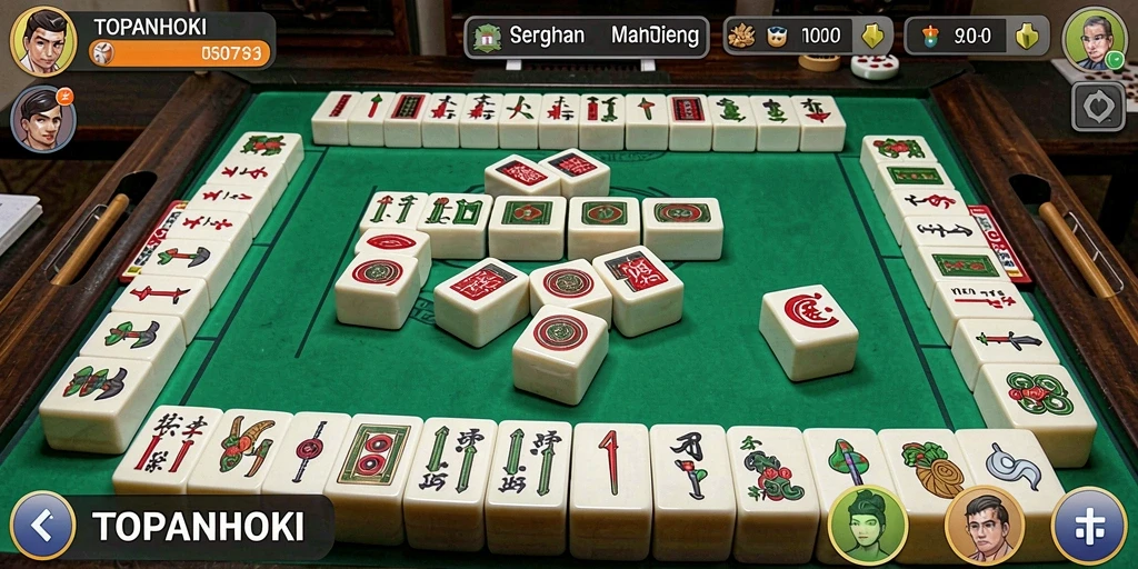 Tangkapan layar gameplay TOPANHOKI yang menunjukkan suasana permainan Mahjong yang seru.