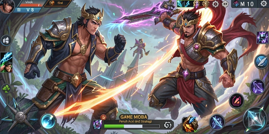 Tangkapan layar utama V87 menampilkan pertarungan seru antara karakter di arena MOBA.